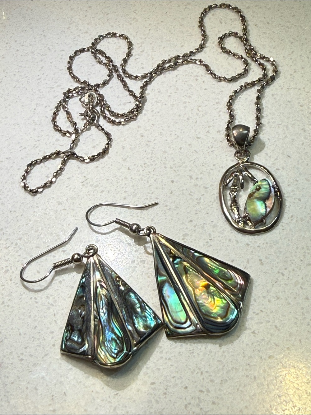 Sterling Silver / Alpaca MexAbalone Shell Necklace and Earrings Set
